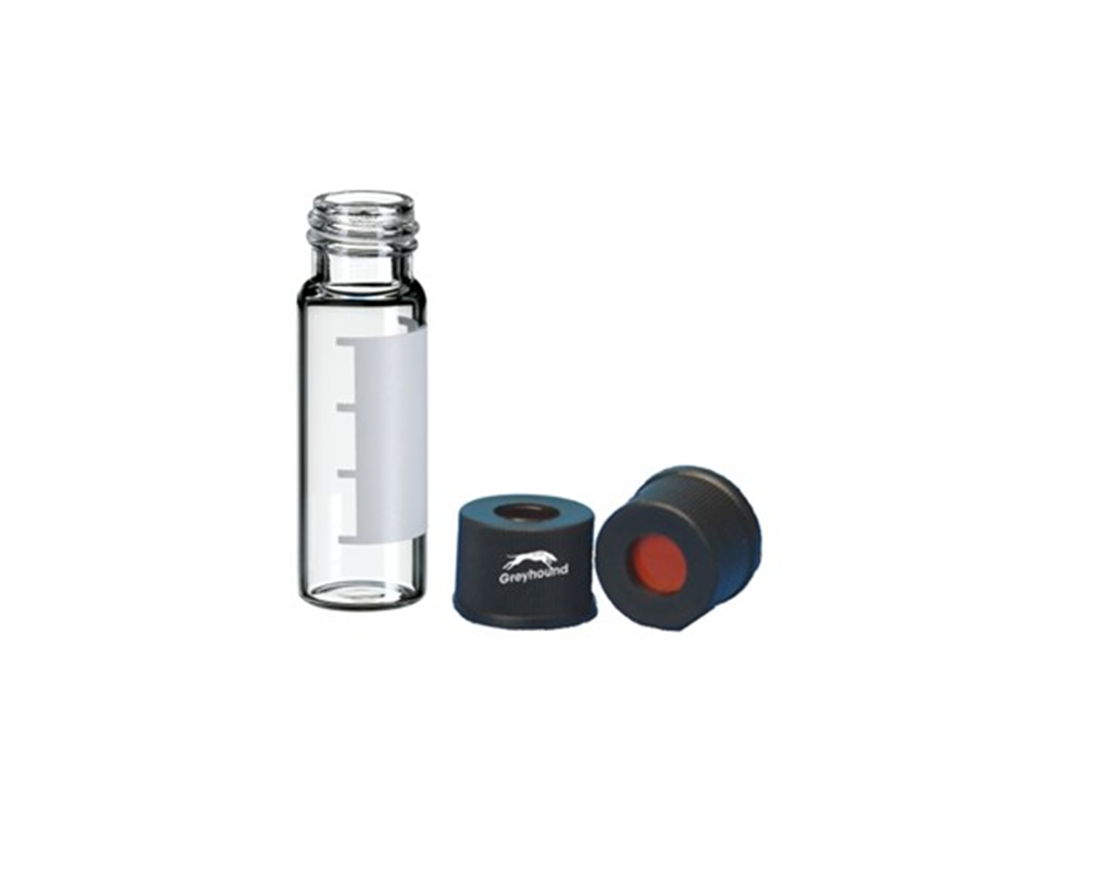 Picture of Vial Kit - P/Nos. 60-100166 + 60-101323  4mL Screw Top Vial, Clear Glass with Graduated Write-on Patch + 13-425 Black Open Top Polypropylene Screw Cap with Red PTFE/Red Rubber Septa, 1mm